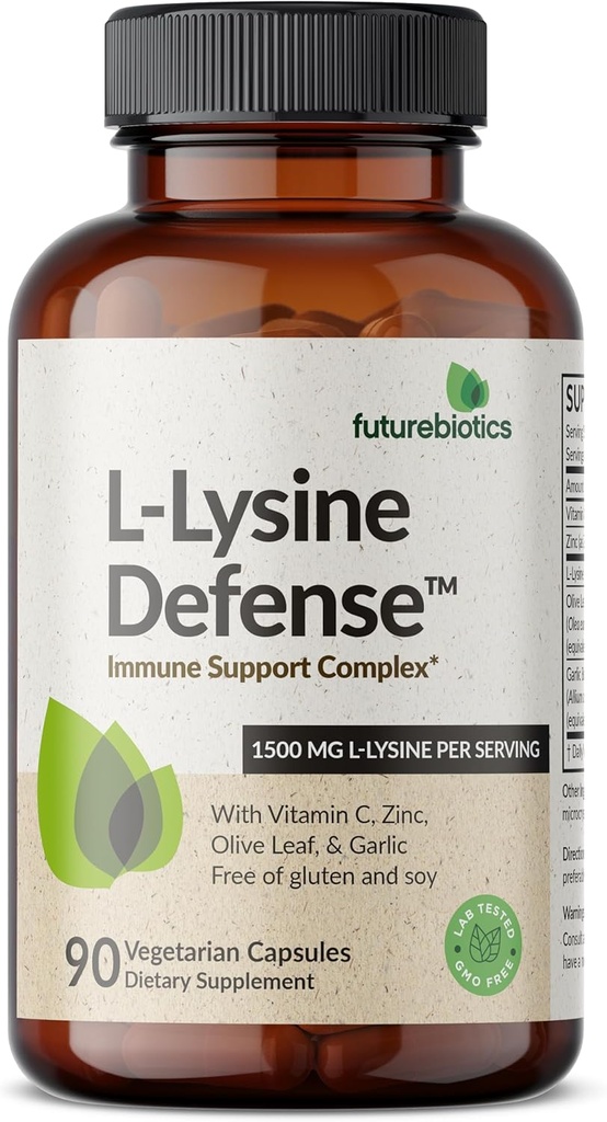 Futurebiotics L-Lysine Defense Immune Support Complex 1500 MG Per Serving with Vitamin C, Zinc, Olive Leaf & Garlic - Non-GMO, 90 Vegetarian Capsules