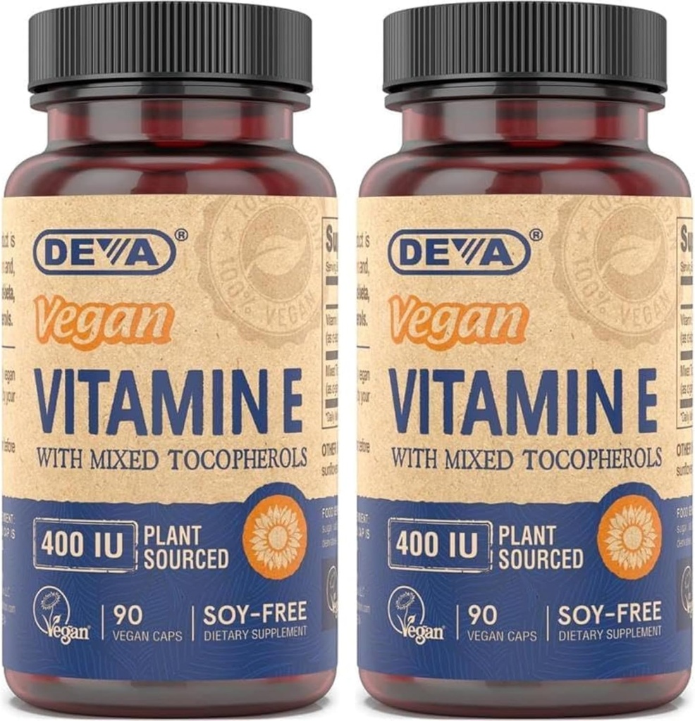 DEVA Vegan Natural Source Vitamin E 400IU with Mixed tocopherols, Soy-Free – 90 Veg Caps (Pack of 2)