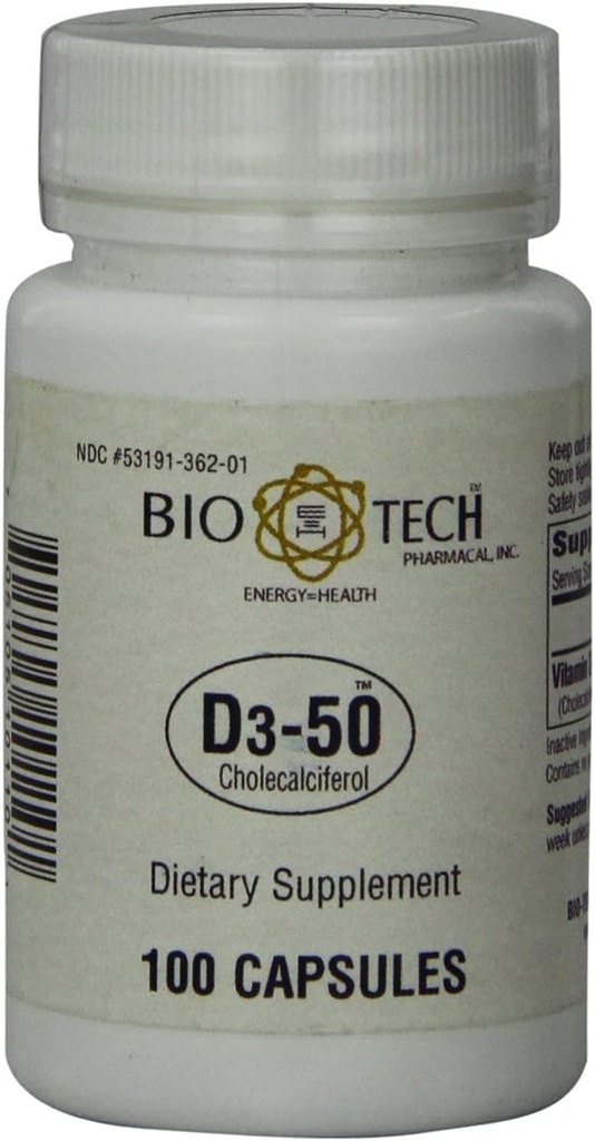 Bio-Tech Pharmacal D3-50 50,000 IU, 100 Capsules Ð All-Natural Supplement Ð Supports Bone, Heart Neuromuscular, & Immune Health Ð No Dairy, Fish, Gluten, Peanut, Shellfish, & Soy