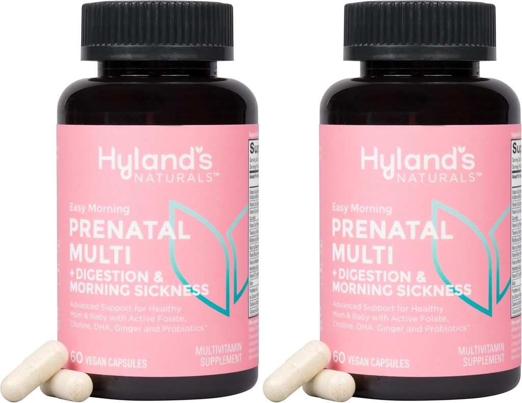Hyland's Easy Morning Prenatal Multivitamin and Digestive Health and Morning Sickness Relief, 60 Vegan Capsules, with Folate, Choline, Zinc, Ginger Root, Prebiotics and Algae DHA (Pack of 2)