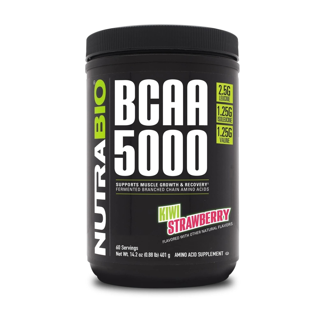 NutraBio BCAA 5000 Powder - Vegan Fermented BCAAs - Supports Lean Muscle Growth, Recovery, Endurance - 60 Servings - Kiwi Strawberry