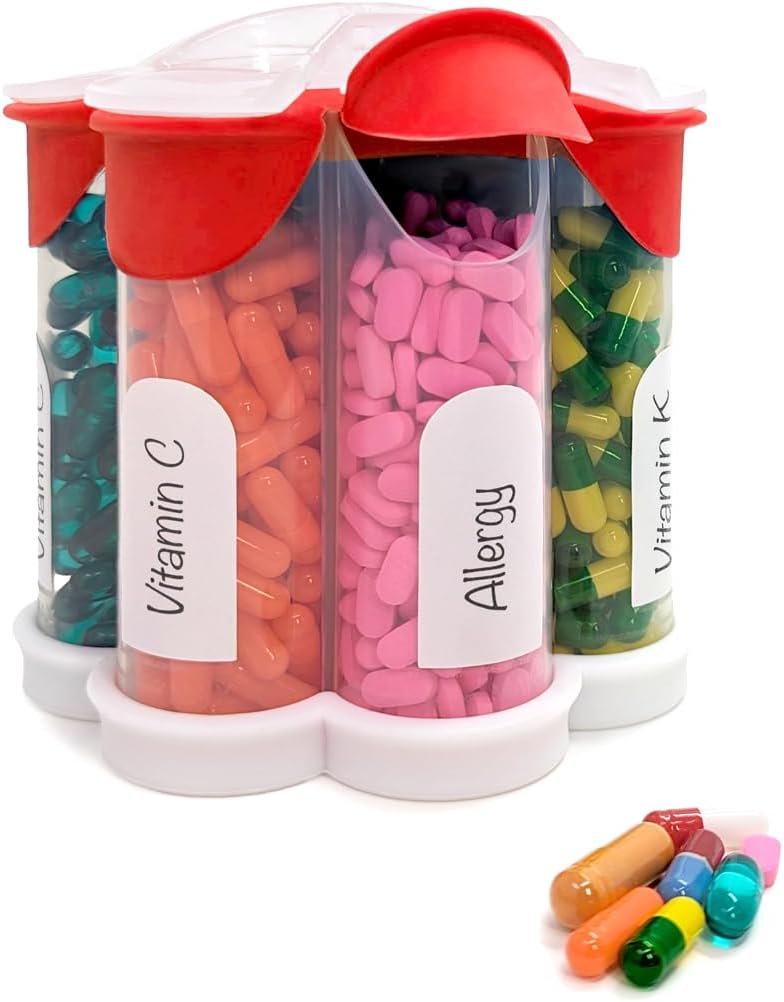 Extra Large Pill Organizer Daily, Weekly, Monthly Supplement Bottle, Cute Blossom Pill Dispenser with 7 XL Compartments, Easy-Open Pill Box for Vitamins, Medications, Labels Included (Red)