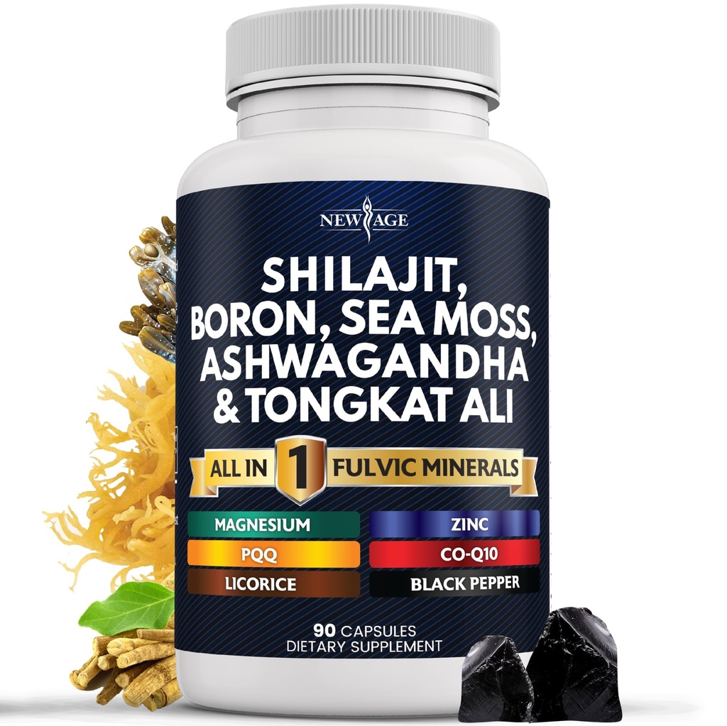 NEW AGE Shilajit Supplement with Sea Moss, Ashwagandha, Tongkat Ali, Boron, Magnesium - Fulvic Acid Capsules for Men - 90 Count