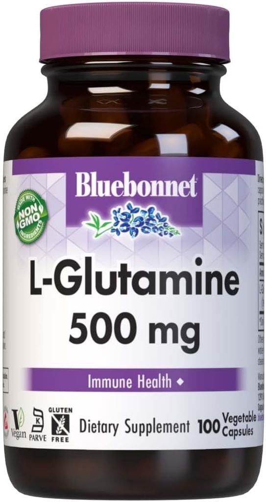 Bluebonnet Nutrition L-Glutamine 500mg, Supports Immune Function*, Nitrogen Transporter*, Soy-Free, Gluten-Free, Non-GMO, Kosher Certified, Vegan, 100 Vegetable Capsules, 100 Servings