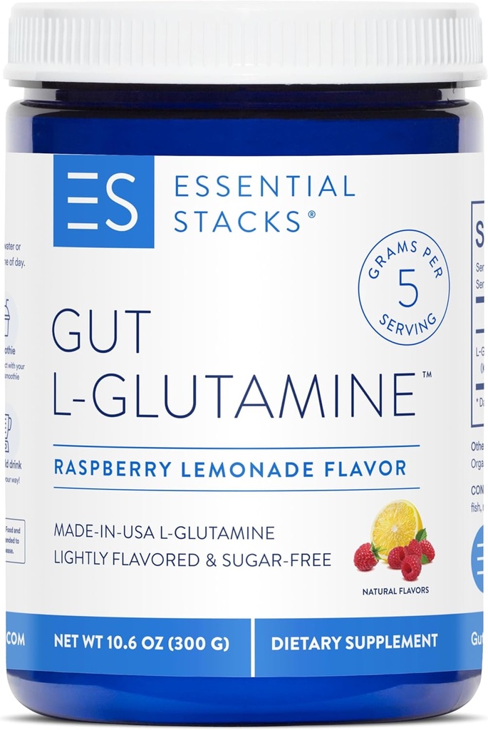 Essential Stacks Gut L-Glutamine Powder - Exclusively Made in USA - Pure L Glutamine Powder for Gut Health (50 Servings, Raspberry Lemonade)
