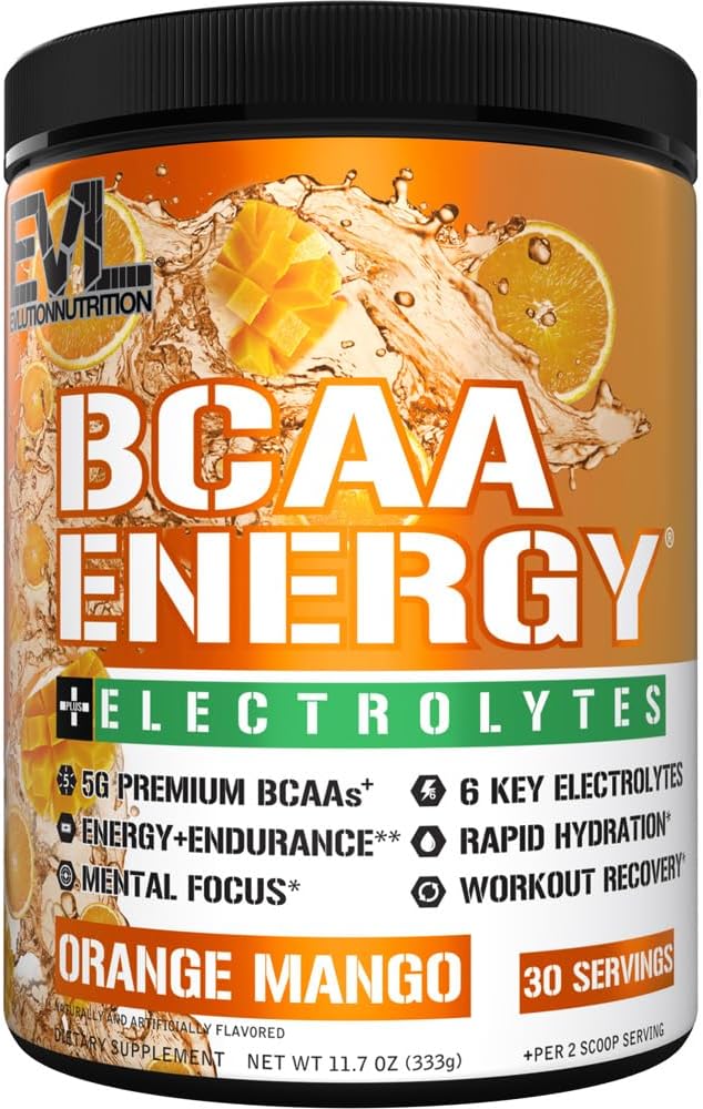EVL BCAAs Amino Acids Powder - BCAA Energy Pre Workout Powder for Muscle Recovery Lean Growth and Endurance - Rehydrating Post Workout Recovery Drink with 6 Key Electrolytes - Orange Mango