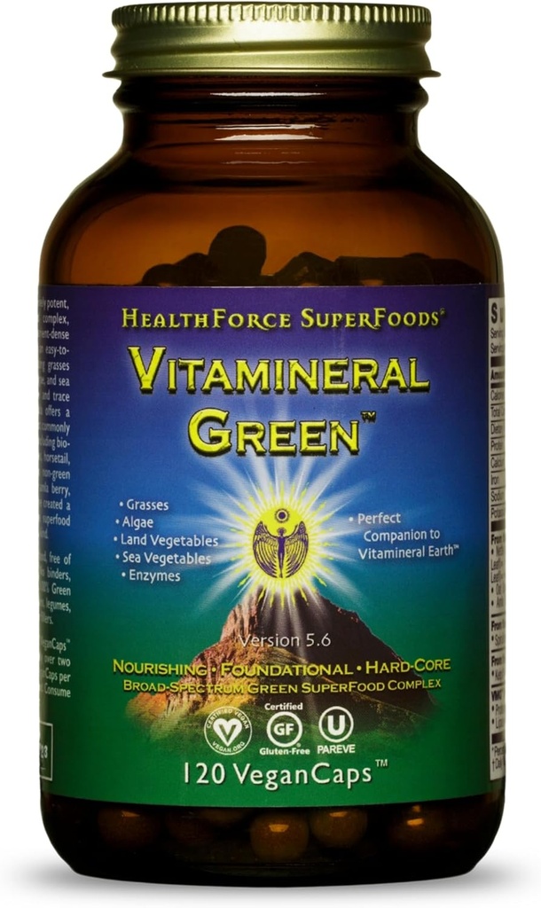 HEALTHFORCE SUPERFOODS Vitamineral Green - Mineral Supplement for Immune & Thyroid Support - Green Powder Supplement with Ingredients from The Land - Gluten-Free & Vegan - 120 Capsules