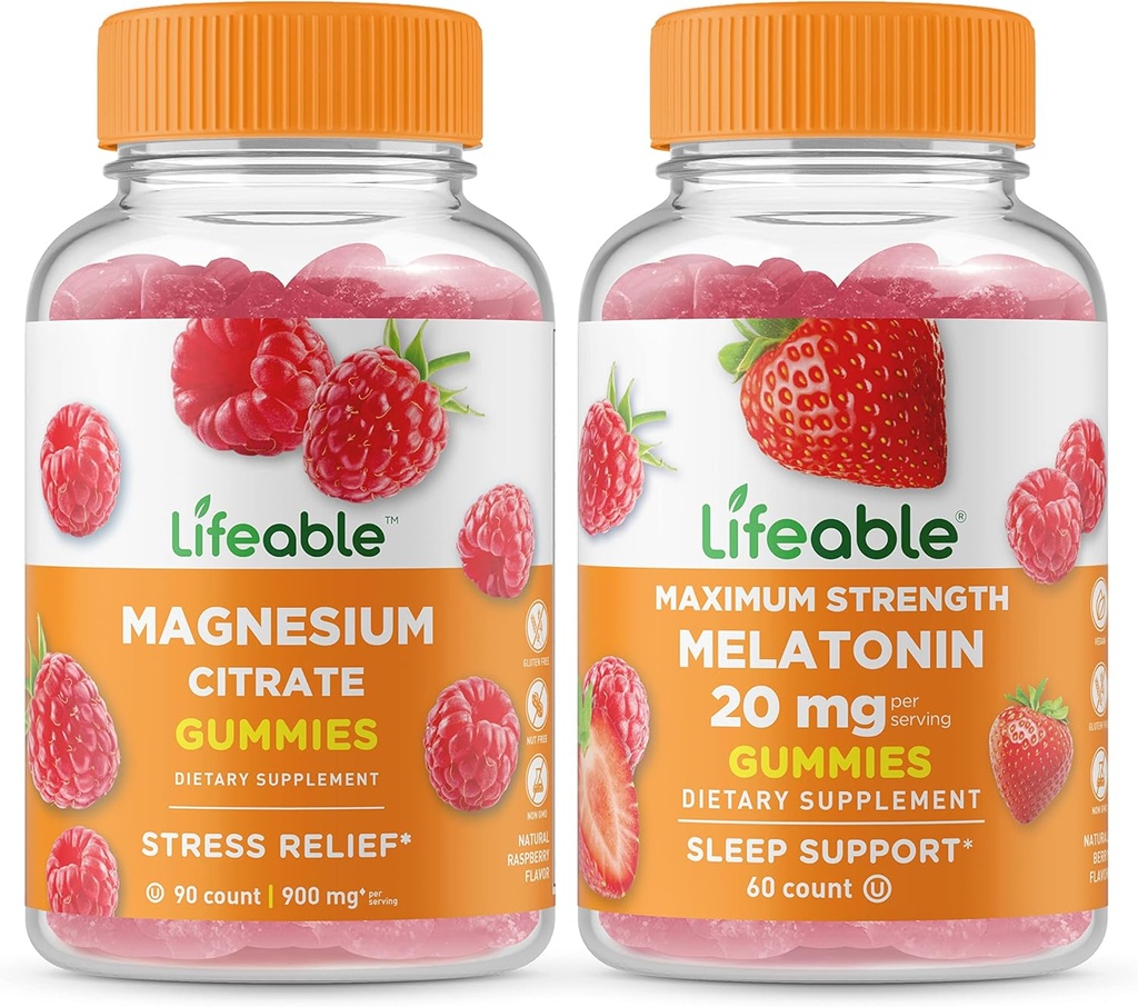 Lifeable Magnesium + Melatonin 20mg, Gummies Bundle - Great Tasting, Vitamin Supplement, Gluten Free, GMO Free, Chewable Gummy