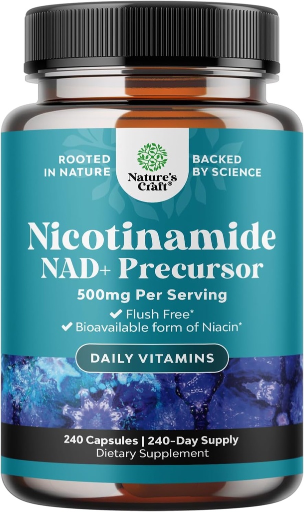 Vitamin B3 Niacinamide 500mg Capsules - Mitochondrial Energy and Potent Skin Supplement - AKA Vitamin B3 Niacin 500mg Flush Free and Nicotinamide 500mg - Flush Free Niacin Supplement - 240 Count