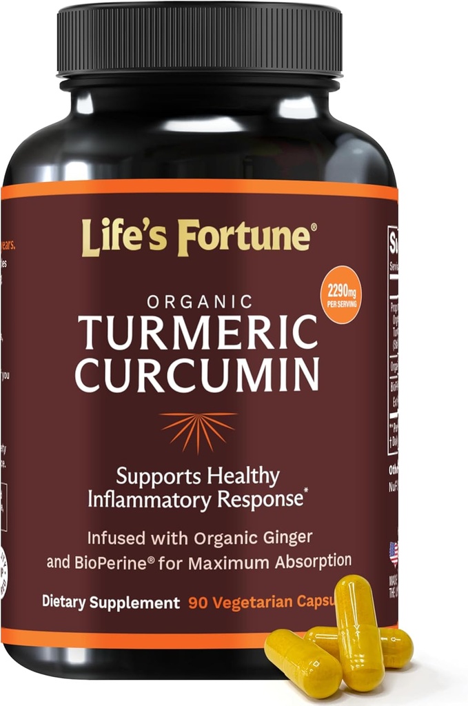 Life's Fortune Organic Turmeric Curcumin with Black Pepper and Ginger, Enhanced Absorption, Extra Strength Supplement, Joint & Immune Support, Non-GMO, 90 Cap - 2250mg