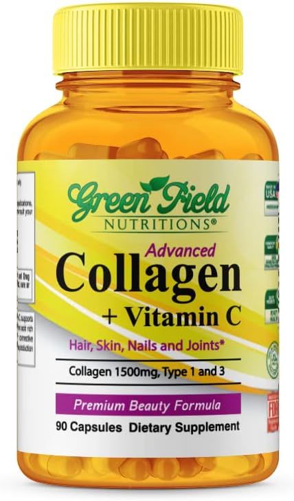 Greenfield Nutritions - Halal Collagen Peptides 1500 mg Type I & III, with Vitamin C 300 mg for Better Absorption, Halal Anti-Age Formula for Hair Skin Nails & Joints, Halal Vitamins 90 Capsules