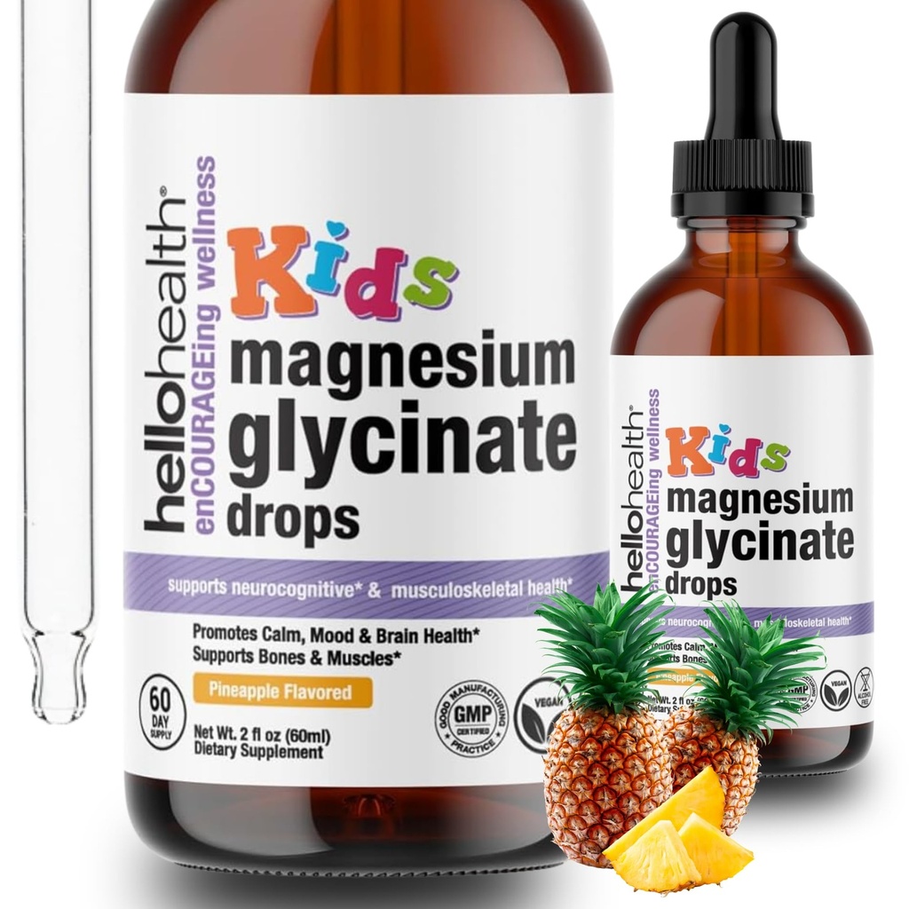Kids Magnesium Glycinate Liquid Drops – Sugar Free Liquid Drops, Happy Calm for Kids Calming Supplement Complex – Magnesium for Children & Nighttime Sleep, Pineapple Flavor 2 Fl Oz.