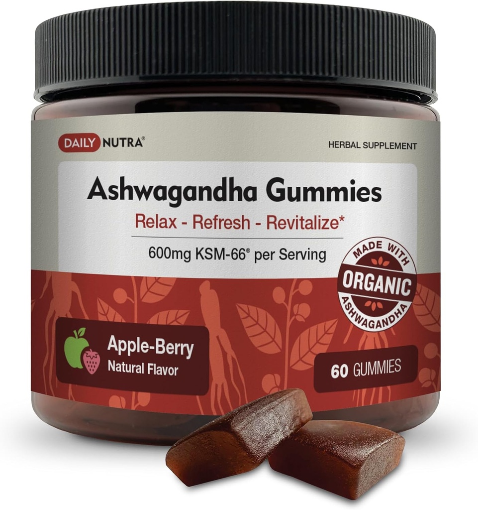 KSM-66 Ashwagandha Gummies - 600mg Organic Root Extract per Serving - Delicious Natural Apple-Berry Flavor | Supports Relaxation, Focus, & Energy (60 Gummies)