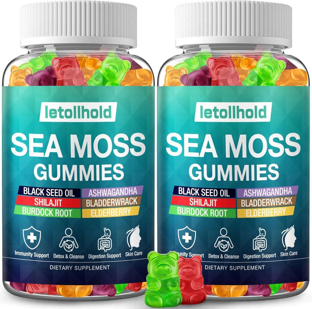 Sea Moss Gummies - Irish Sea Moss Gummies Advanced for Adults with Ashwagandha Bladderwrack & Burdock Root for Supports Immune，Energy - 60 Vegan Gummy,2PCS