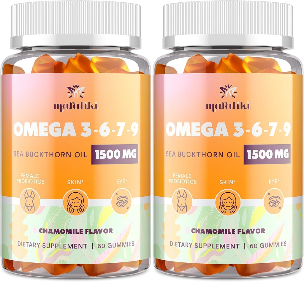 Omega-7 Sea Buckthorn Oil Gummies, Omega 3 6 7 9 Supplement for Women, Flaxseed Oil, Vitamins E, A & Probiotics - Skin, Eye & Dryness, Chamomile Flavor - 120 Gummies