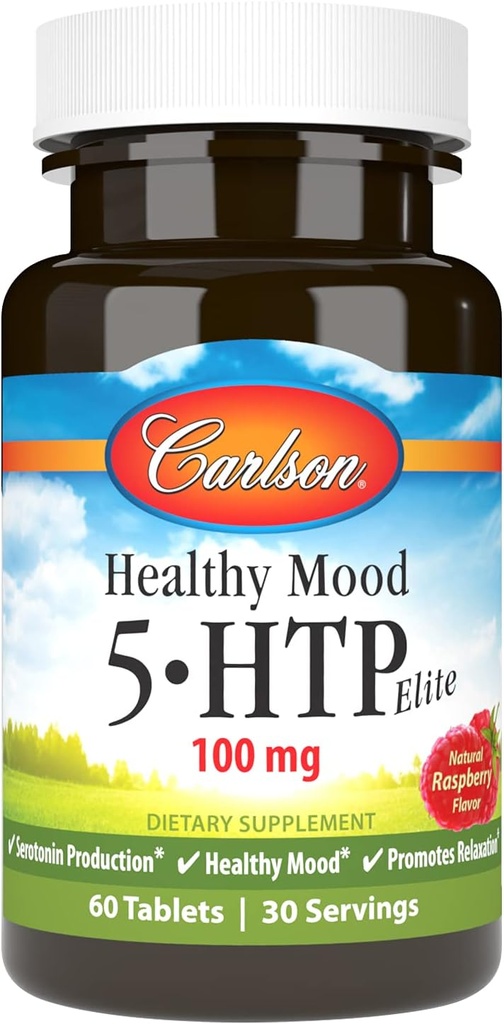 Carlson Healthy Mood 5-HTP Elite 100 mg with Vitamin B6 - Mood Support & Relaxation Supplement - Raspberry Chewable - 60 Tablets