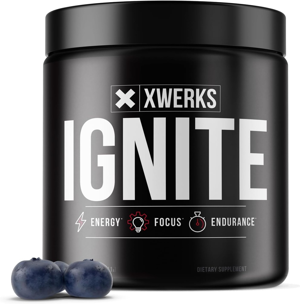Xwerks Ignite Blue Razz Pre Workout Powder, Natural Keto Pre Workout for Women and Men with Explosive Energy, Gluten Free Blend for Endurance and Stamina, 150mg Caffeine, 30 Servings