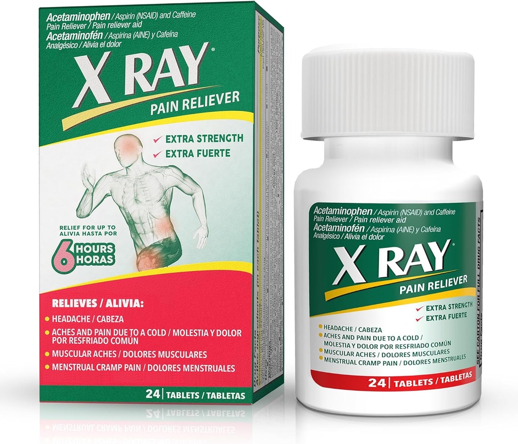 X RAY Extra Strength Pain Reliever: Acetaminophen 500 mg, Aspirin, Caffeine - 24 Tablets Each, Potent Formula for Migraine, Headache, and Back Pain Relief, Reduces Inflammation