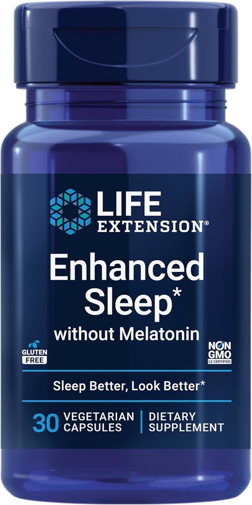 Life Extension Enhanced Sleep Without Melatonin, ashwagandha, amla, Casein Milk peptides, melatonin-Free Supplement for Sleep & Stress Support, Gluten-Free, Non-GMO, Vegetarian, 30 Capsules