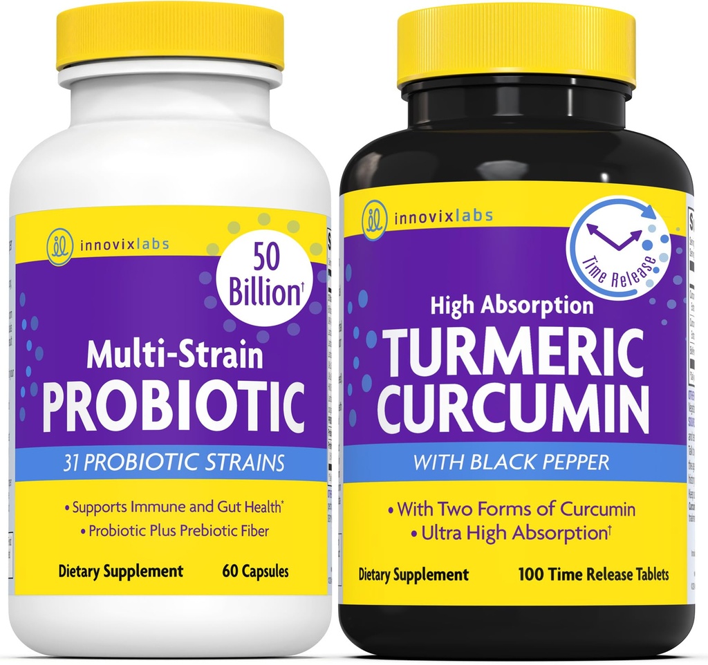 InnovixLabs Multi Probiotic & Curcumin Bundle Multi-Strain Probiotic (60 Time-Release Capsules) Turmeric Curcumin (100 Time-Release Tablets). Supports Gut and Immune Health. *