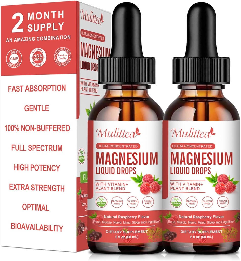 Magnesium Glycinate Liquid Drop - Triple Absorption Supplement to Support Nerves, Sleep, Calm, Heart, Muscles * -Sugar-Free with Potassium, L-Theanine, Sea Moss, Vitamin B,C,D3, K2-2Pack