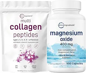 Micro Ingredients Multi Collagen Protein Powder 16oz & Magnesium Oxide 400mg Bundle Pack | Grass-Fed Collagen Peptides | Elemental Form for Max Concentration