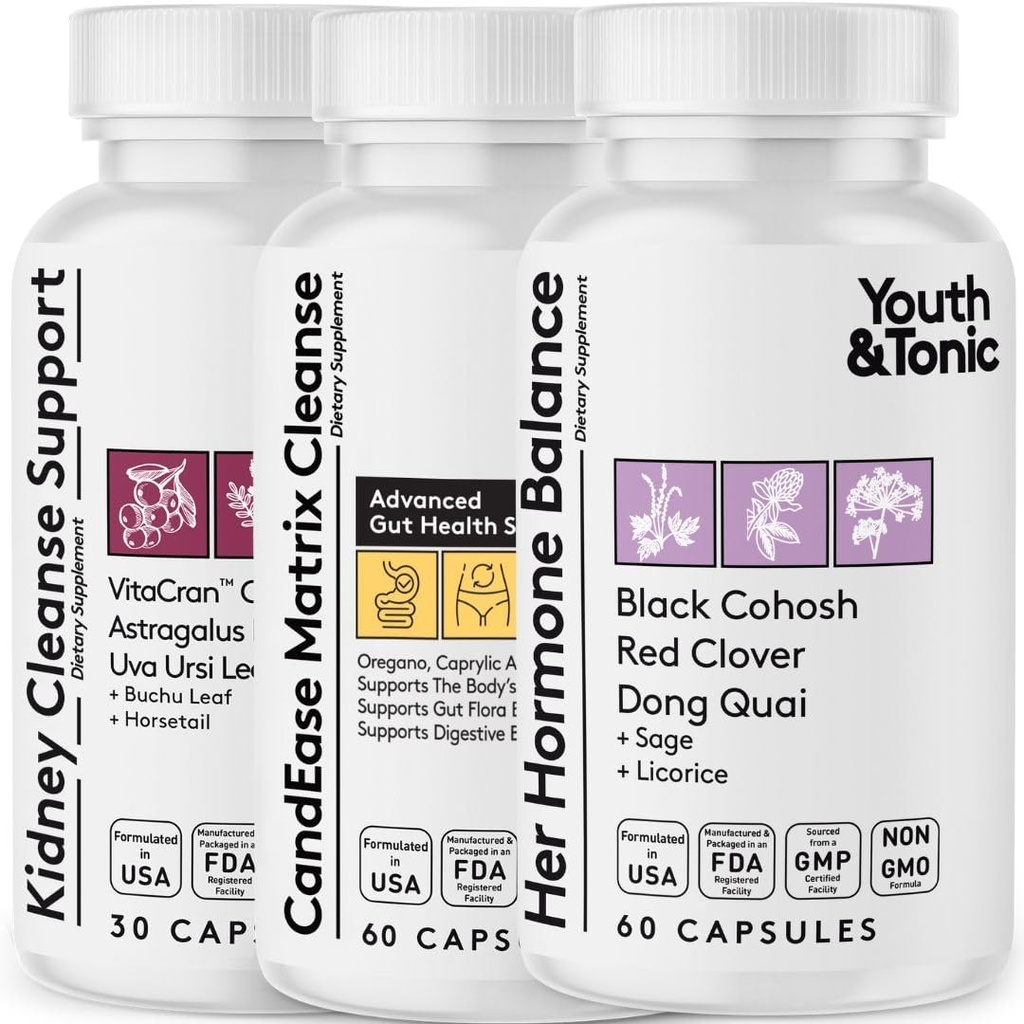 Hormone Balance & CandEase Matrix & Kidney Cleanse Bundle 3 Pack for Woman | Female All Stages Hormonal & Digestive Imbalance Support