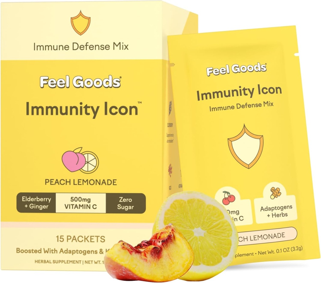 Feel Goods Immunity Icon, Zero Sugar, Vitamin C, A, B, D, E & Zinc, Organic Elderberry, Ashwagandha, Drink Mix Powder, Vegan, Non GMO, Caffeine & Gluten Free | Peach Lemonade, 15 Count