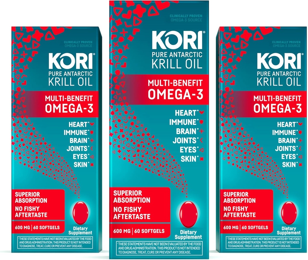 Kori Krill Oil Omega 3 Superior Absorption Oil Supplement, EPA & DHA, 600 mg, 180 Softgels
