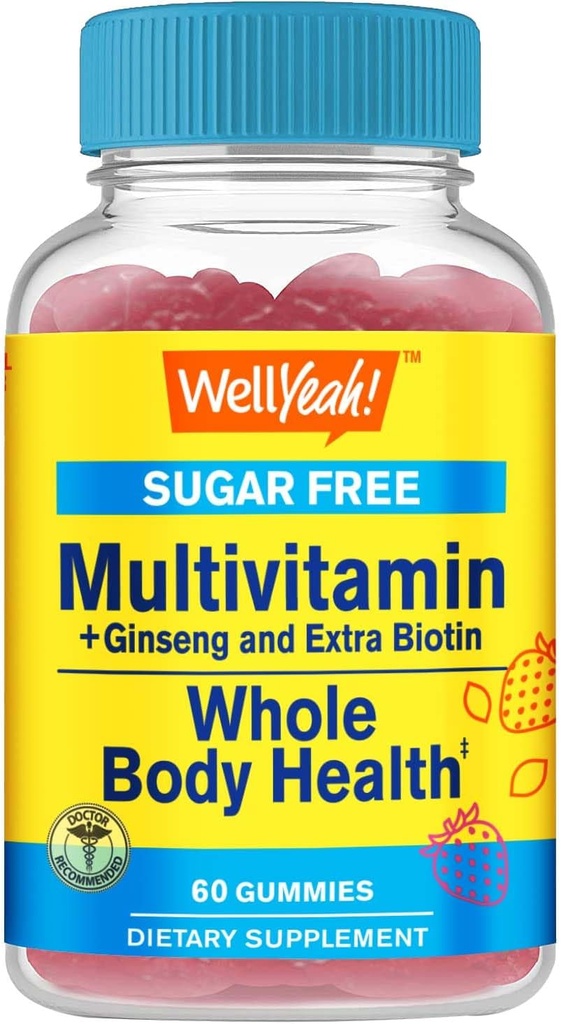 Multivitamin Sugar Free Gummies with Ginseng, Vitamin A, C, D3, E, B12, B6, B1, B2, B5, Niacin, Folic acid, Biotin, Iodine, Zinc, Chromium, Molybdenum, Lycopene, Inositol - Vegan - 60 Gummies