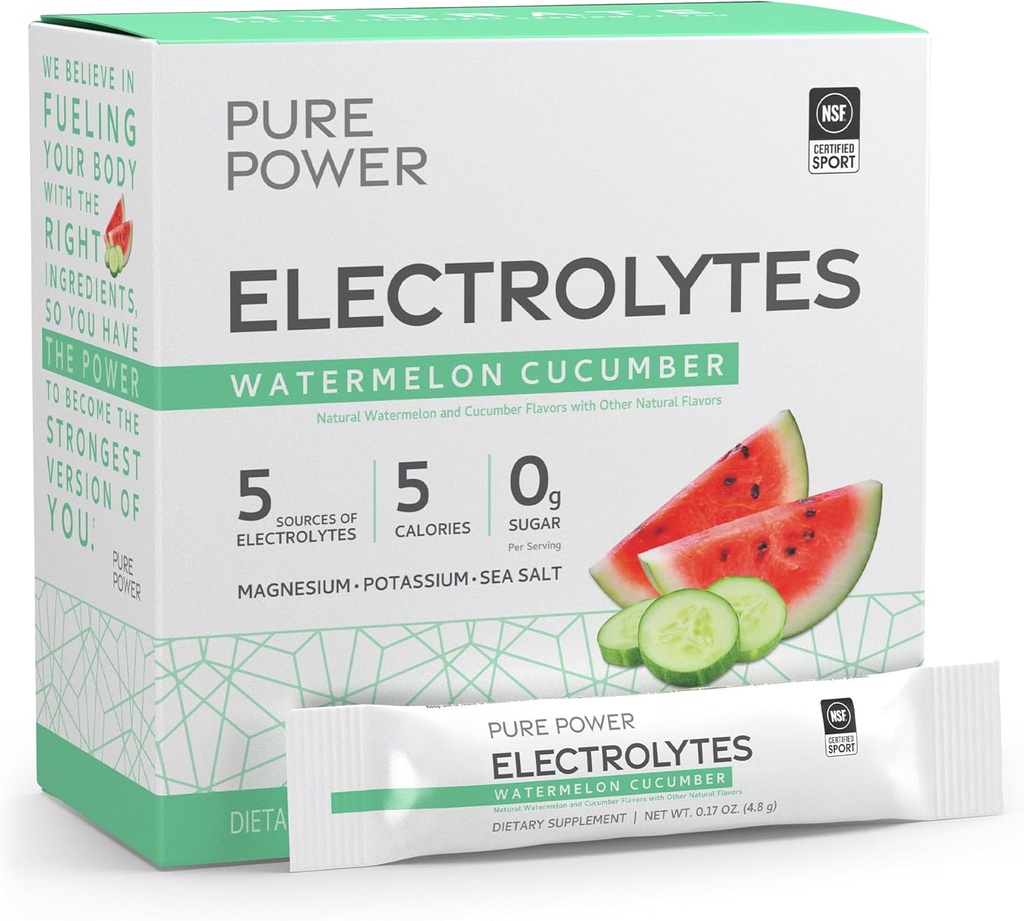 Pure Power Electrolytes, Watermelon Cucumber Flavor, 5.13 oz (145.6 g), 30 Servings (30 Packets), 5 Calories and 0 g Sugar Per Serving, Non-GMO, NSF Certified for Sport, Dr. Mercola