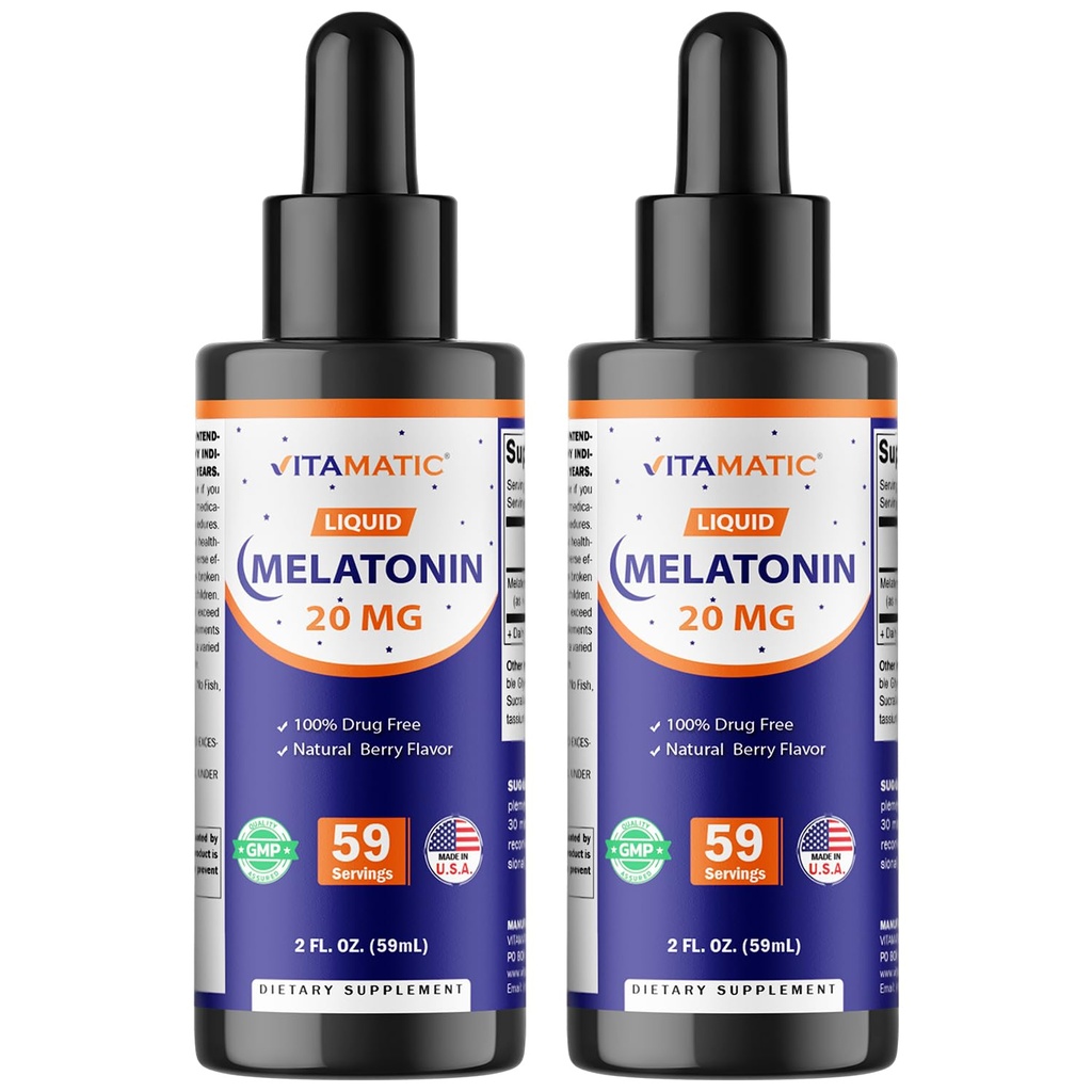 Vitamatic 2-Pack Melatonin 20mg Liquid Drops - 2 fl oz (59 ml) Each - Natural Berry Flavor - Non-GMO, Vegetarian Supplement for Adults