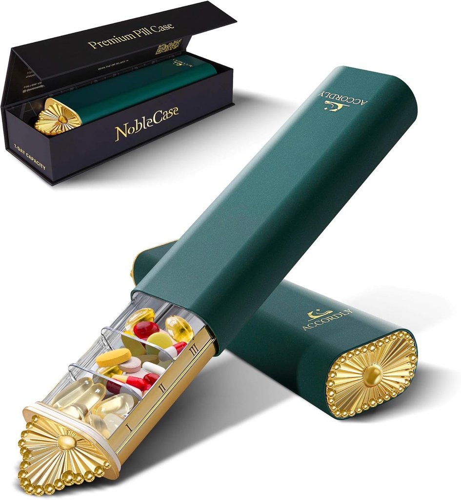 Premium Weekly Pill Organizer, 7-Day Compact Pill Case for Purse, Lightweight Gold Aluminum Pill Box for Vitamins, Medicine, Supplements, Luxury Wellness Gift