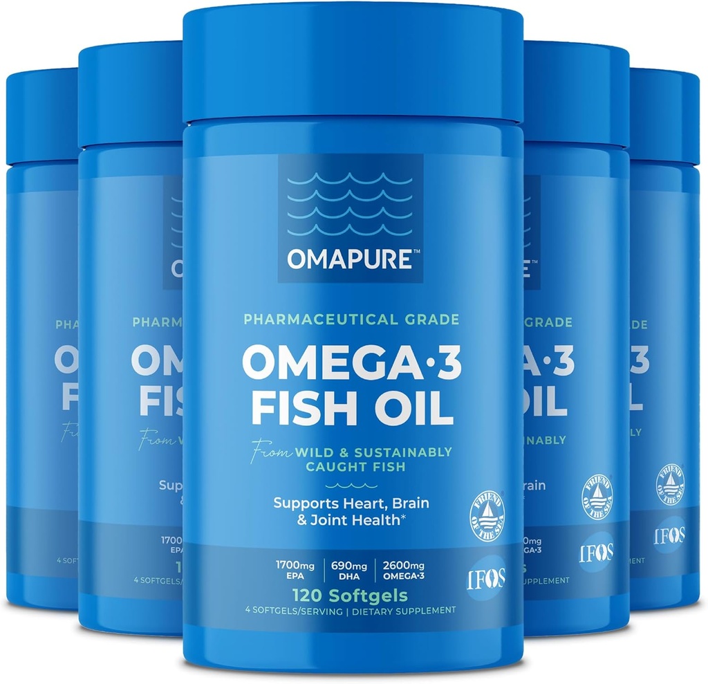 Fish Oil Supplements with Omega 3 Fatty Acids (5 Bottle, 120 Softgels) - High EPA, DHA, & IFOS Fish Oil Pills Support Heart & Joint Health - Burpless Fish Oil Promotes Brain Function