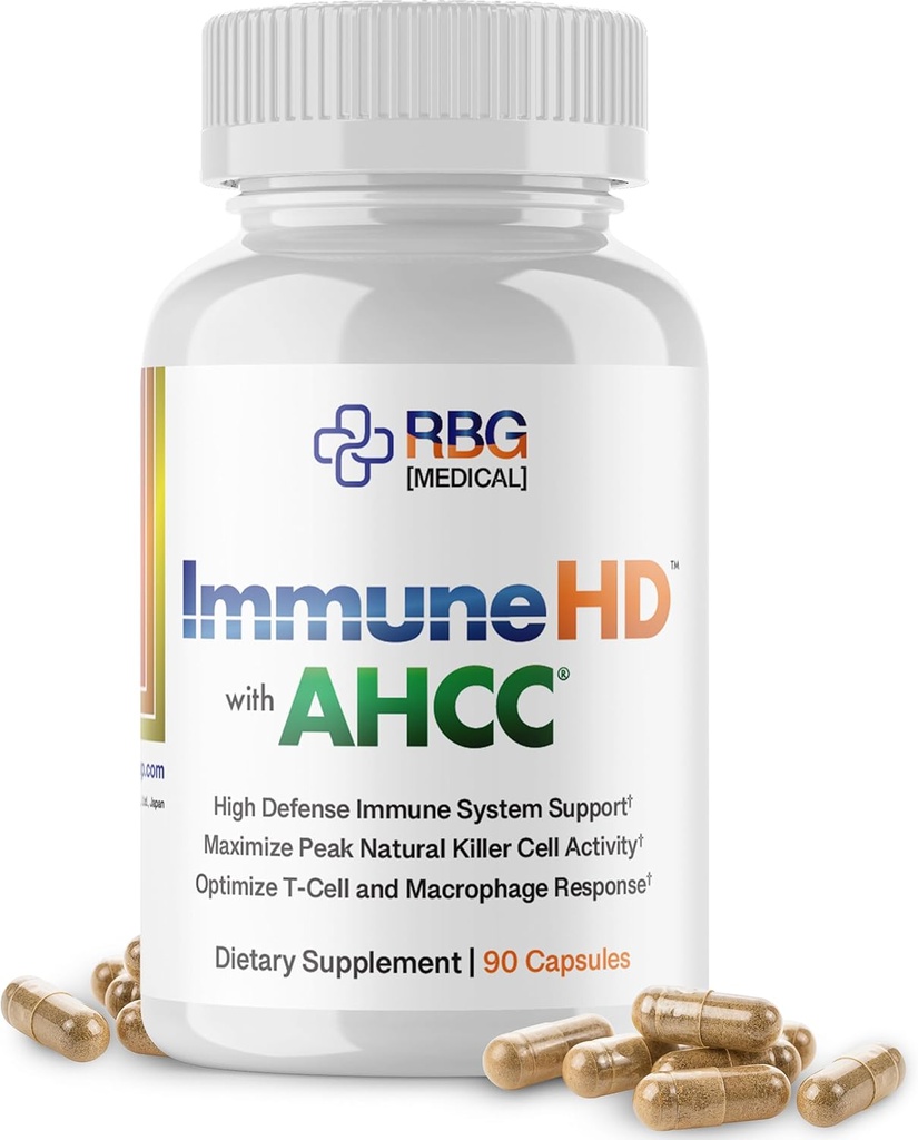 Immune-HD with AHCC Supplement for Immune Support,1500mg of AHCC Mushroom Extract + Olive Leaf & Quercetin with Bromelain, Natural Killer Cell Activity for Immune System, Liver Function, 90 Caps, RBG