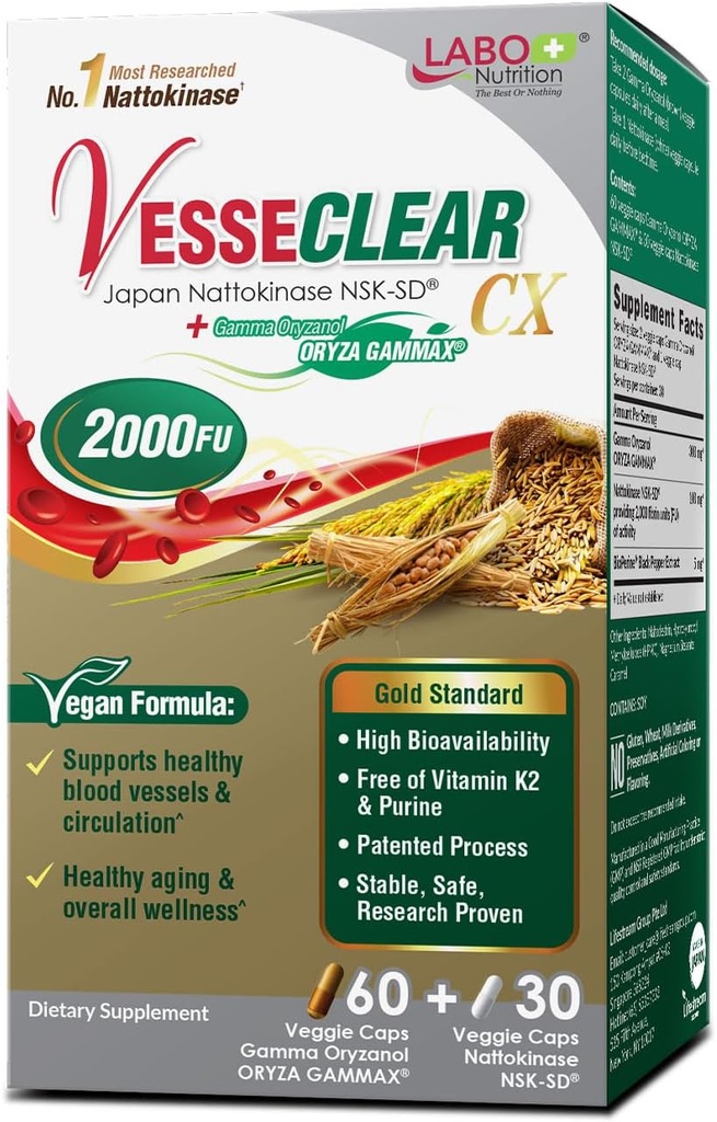 LABO Nutrition VesseCLEAR CX: Nattokinase NSK-SD + Gamma Oryzanol for Clean Blood Vessel & Healthy Ageing, Japan's Most Clinically Studied, Support Healthy Cholesterol, Heart, Vegan, Acid-Resistant