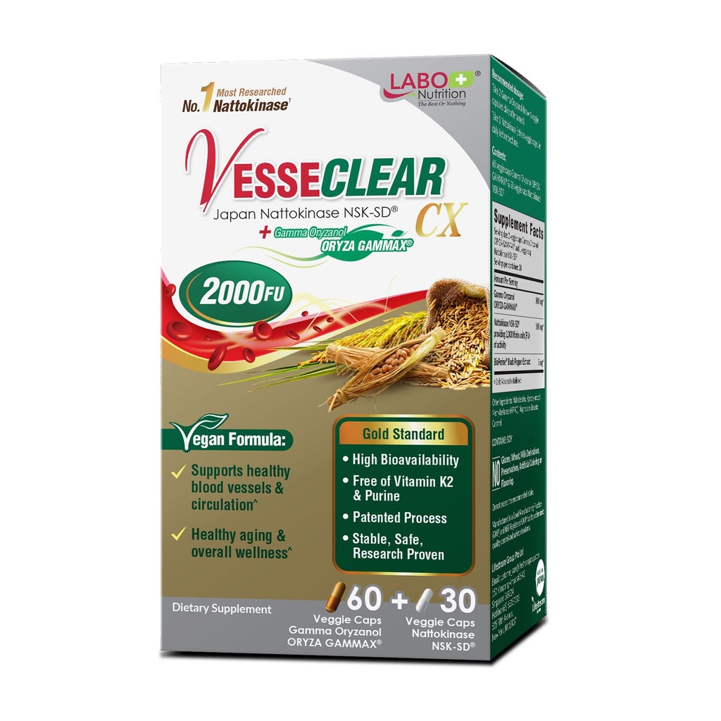 LABO Nutrition VesseCLEAR CX: Nattokinase NSK-SD + Gamma Oryzanol for Clean Blood Vessel & Healthy Ageing, Japan's Most Clinically Studied, Support Healthy Cholesterol, Heart, Vegan, Acid-Resistant