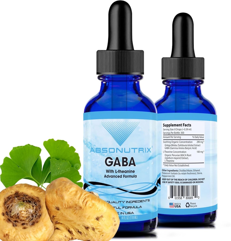Absonutrix GABA with L-Theanine 290 mg, 4 Oz Liquid, 300 Servings, Made in USA, Quick Absorption, Quality Potent Ingredients, Non-GMO, GMP Certified Facility, Cruelty-Free Products