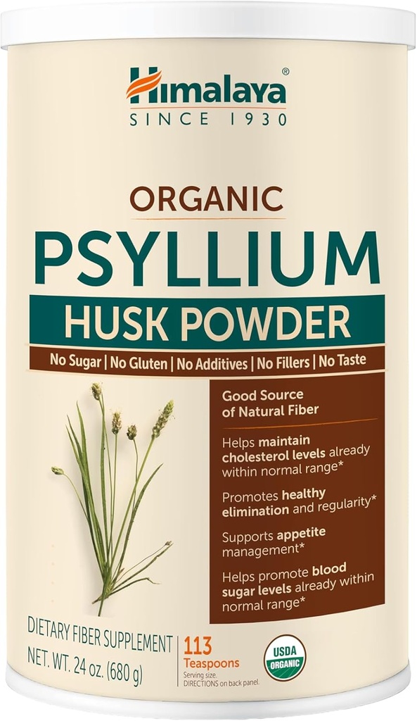 Himalaya Organic Psyllium Husk Powder, Daily Dietary Fiber Supplement, Regularity, Appetite Management, Certified Organic, Non-GMO, No Artificial Colors, Unflavored, 113 Teaspoon Supply, 24 Oz