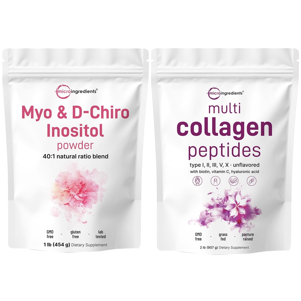 Micro Ingredients Multi Collagen Protein Powder 2lbs & Myo & D-Chiro Inositol Powder Bundle 2 Pack | Grass-Fed Collagen Peptides | Inositol Supplement for Women