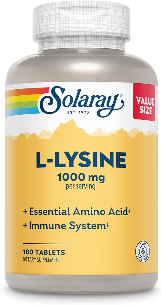 SOLARAY L-Lysine, Free-Form 1000 mg, Essential Amino Acid Immune Support Supplement with Vitamin C 1,000 mg and Zinc 25 mg, Value Size, Lab Verified, 60-Day Guarantee, 60 Servings, 180 Tablets