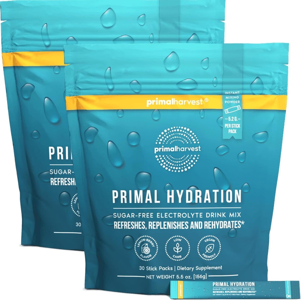Primal Harvest Electrolytes Powder Packets Primal Hydration, Easy Open Packets, Energy Drink Mix 2 Pack Bundle (Lemon Berry, 60 Packs)