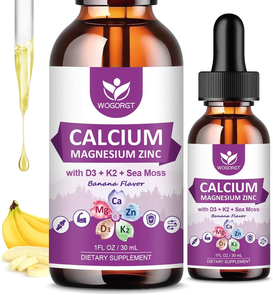 Calcium Citrate 1000mg with Vitamin D3 for Women & Men - Liquid Calcium Magnesium Zinc D3 K2 Supplement for Bone, Teeth Support, Sugar Free, Vegan, Banana Flavor - 1 Fl Oz (2 Pack)