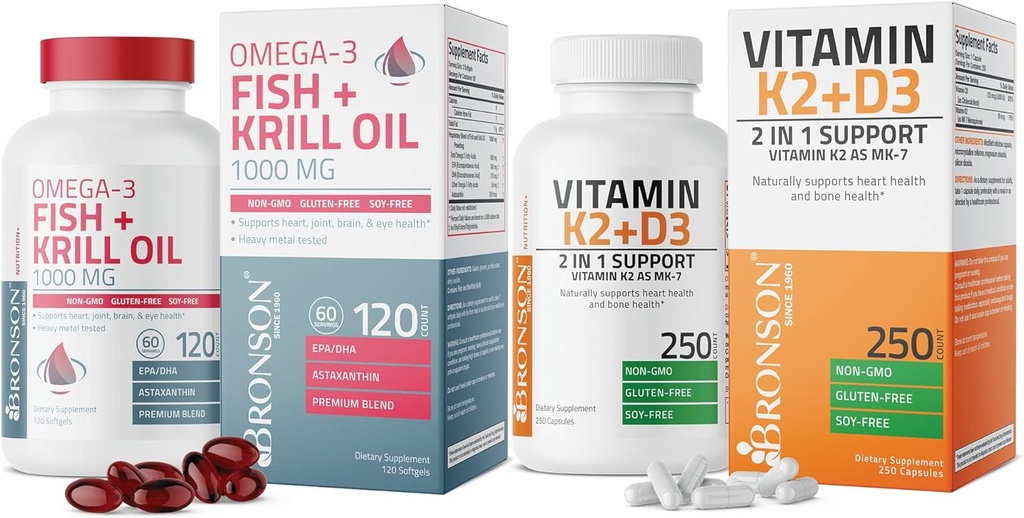 Bronson Vitamin K2 (MK7) with D3 Supplement Omega-3 Fish + Krill Oil 1000 MG