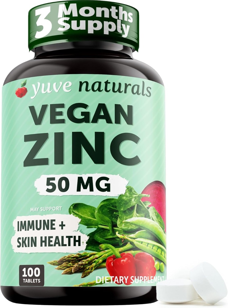 Yuve Naturals Vegan Zinc 50 mg - Zinc Gluconate for Immune and Skin Support - Gluten Free, Non GMO, Plant Based - 100 Easy to Swallow Tablets