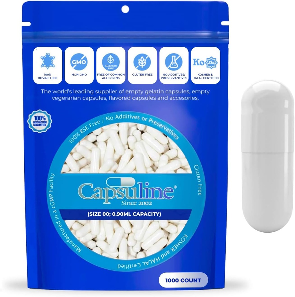 Capsuline Size 000 - Colored White Empty Gelatin Capsules - 1000 Count - Empty Gel Pill Capsules - DIY Pure Bovine Pill Capsule Filling - Empty Caps - Kosher and Halal Certified - Non-GMO Certified