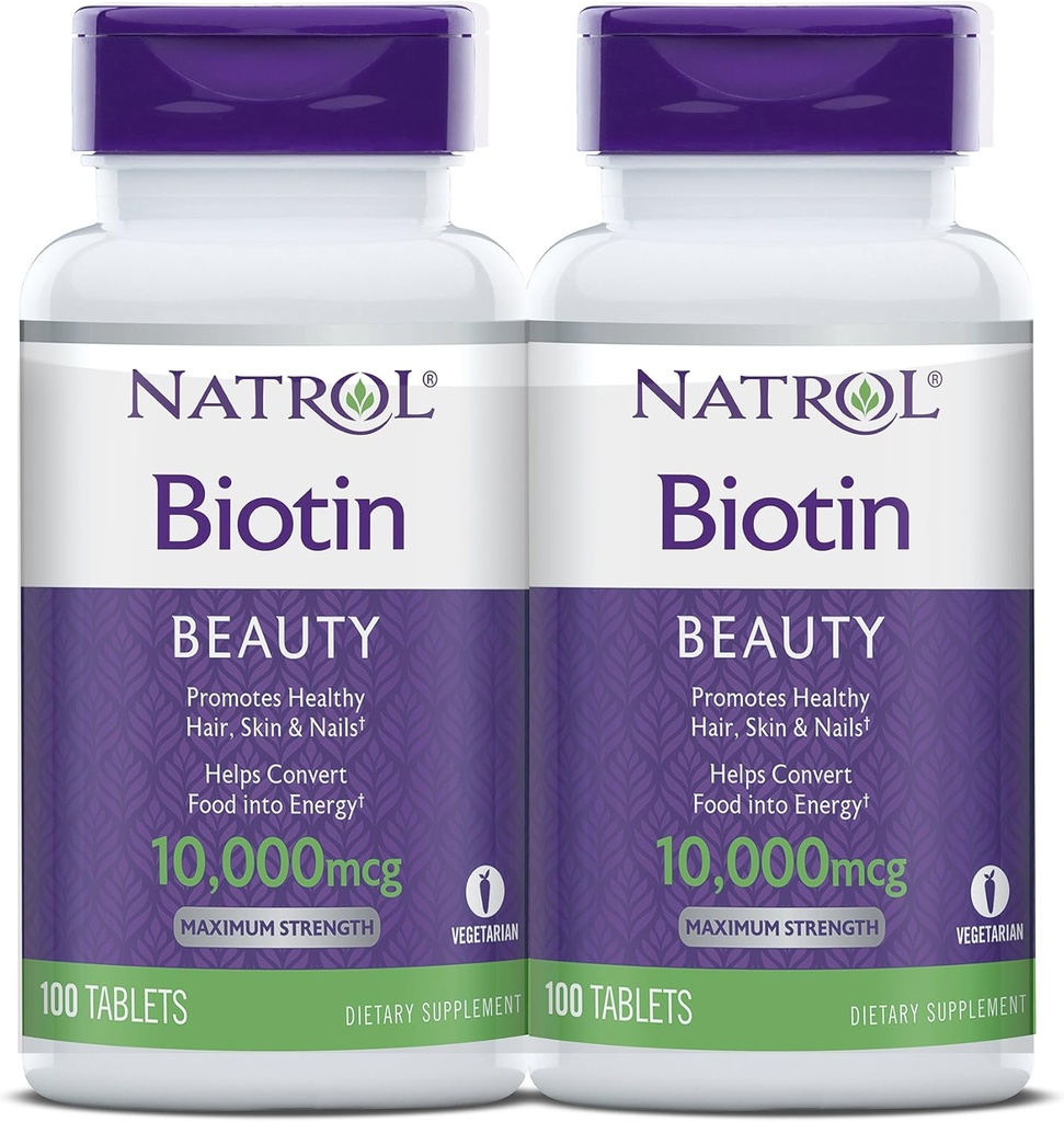 Natrol Biotin Beauty Tablets, Promotes Healthy Hair, Skin and Nails, Helps Support Energy Metabolism, Helps Convert Food Into Energy, Maximum Strength, 10,000mcg, 100 Count (Pack of 2)