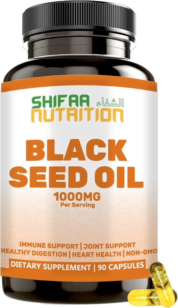 SHIFAA NUTRITION Halal Black Seed Oil | 1000mg 45 Servings | Nigella Sativa, Kalonji | Supports Hair, Skin, Joints, Immune, Heart, Digestion