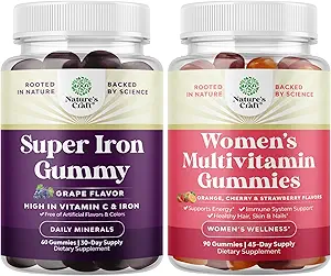 Bundle of Extra Strength Iron Gummies for Women and Men with Vitamin C for Higher Absorption, and Delicious Daily Multivitamin for Adults Energy and Immunity - Vitamins for Women's Health and Wellness