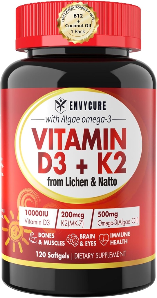 Plant-Based Vitamin D3 K2 Supplement Softgel - Vit D3 10000 Iu + Vitamin K2 Mk7 200 Mcg, Algae Omega-3, Magnesium, Vitamin B12 For Bone & Muscle, Immune Support, Max Absorption, Easy To Swallow 1pack